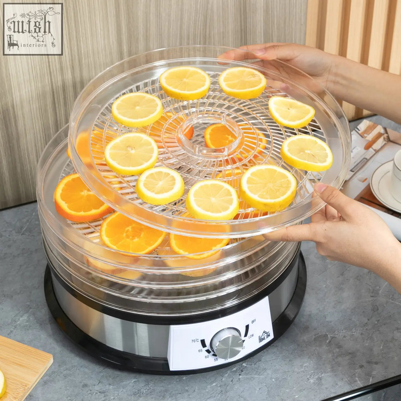 Homcom five tray food dehydrator with clear plastic tiers stainless steel base and control panel for even air circulation