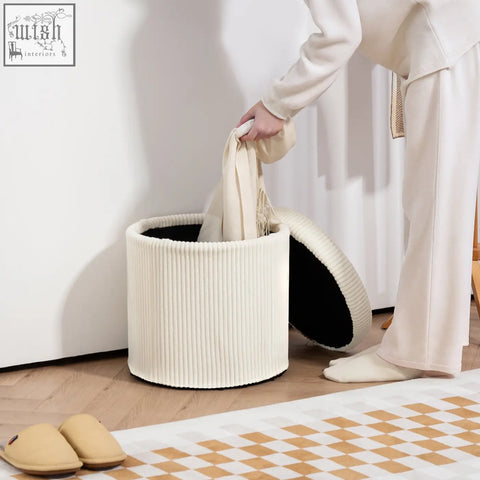 Cream-colored ribbed fabric storage ottoman with black interior and removable lid elegant corduroy vanity stool