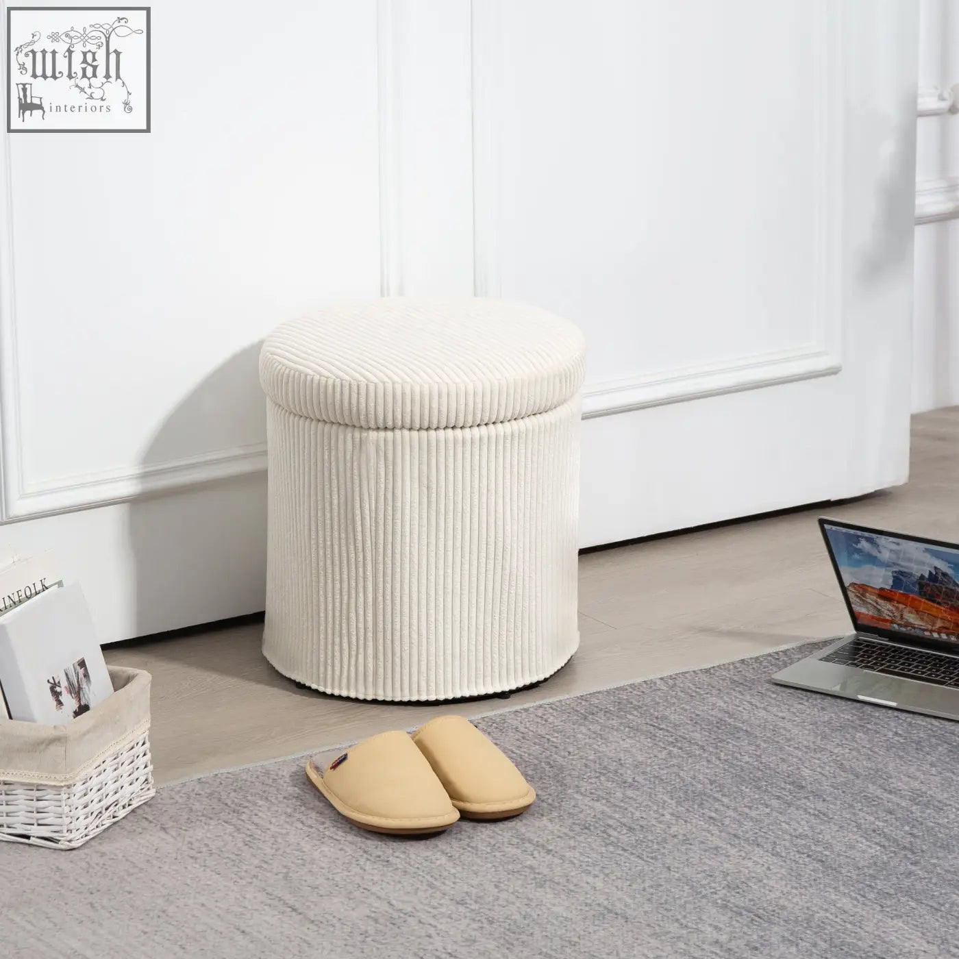 Cream-colored storage ottoman with elegant corduroy ribbed texture and removable lid perfect as a vanity stool