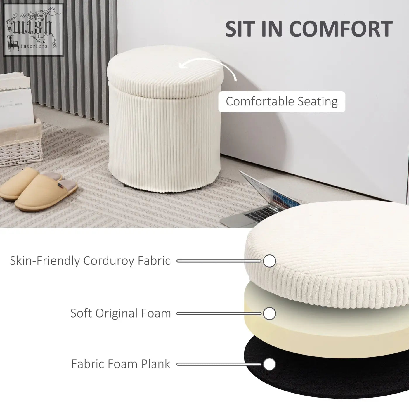Cream-colored elegant corduroy storage ottoman with removable lid and black base perfect as a vanity stool
