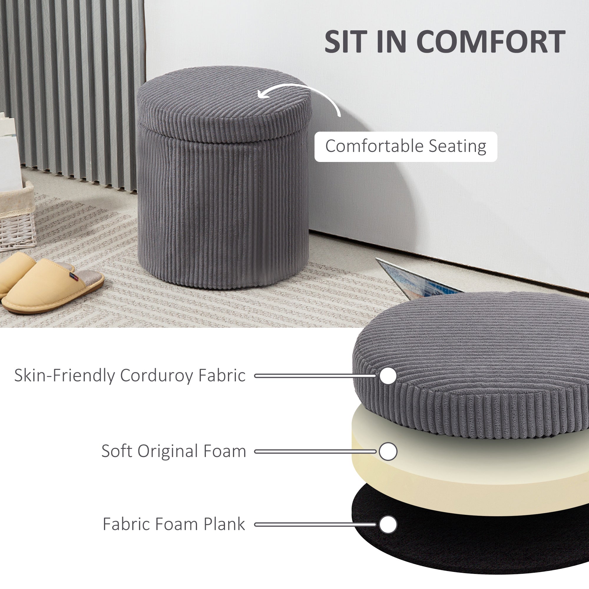 Gray corduroy storage ottoman with soft foam cushioning and removable lid, perfect as an elegant corduroy vanity stool