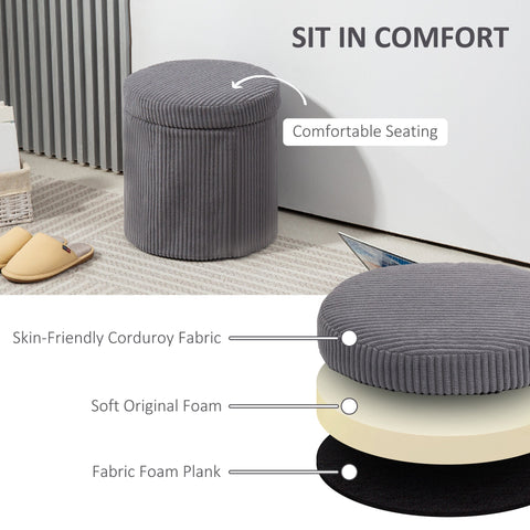 Gray corduroy storage ottoman with soft foam cushioning and removable lid, perfect as an elegant corduroy vanity stool