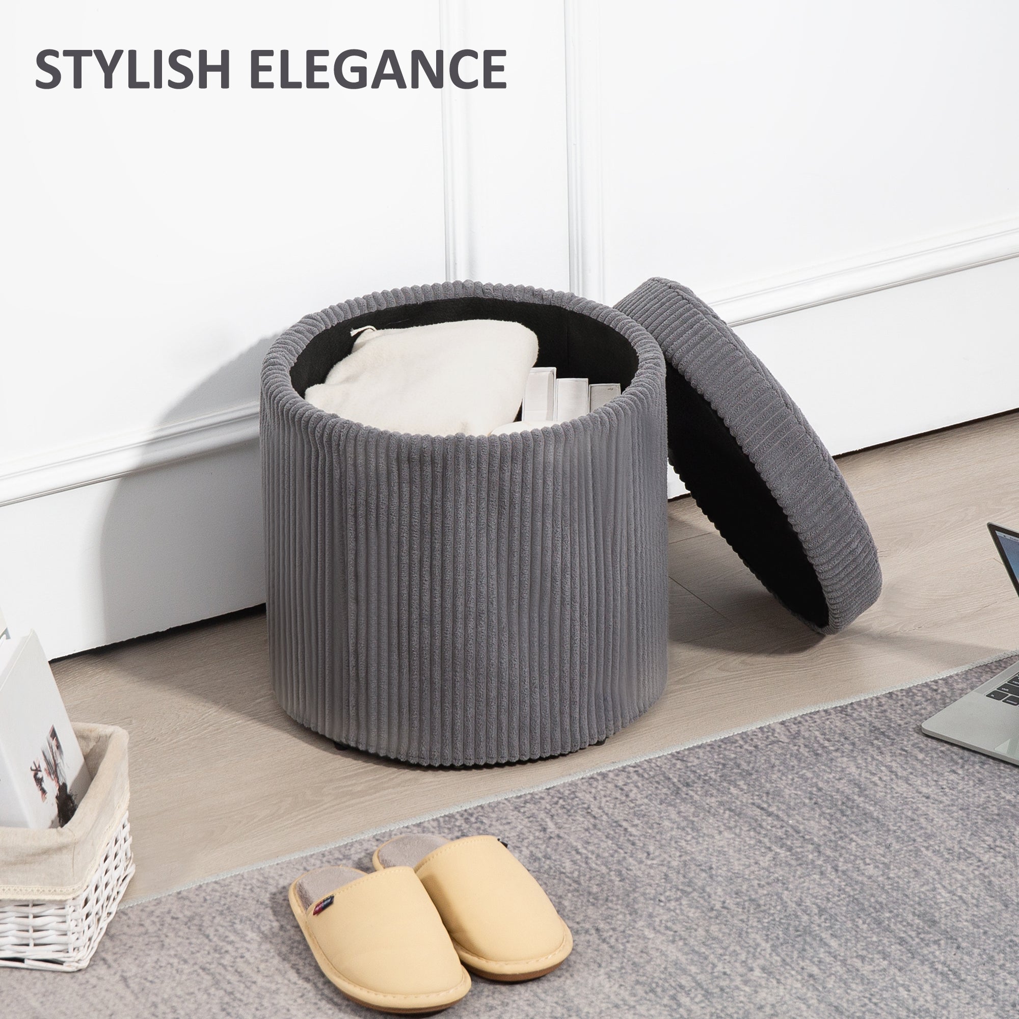 Gray corduroy storage ottoman with vertical ribs and black lining perfect as an elegant vanity stool or footstool