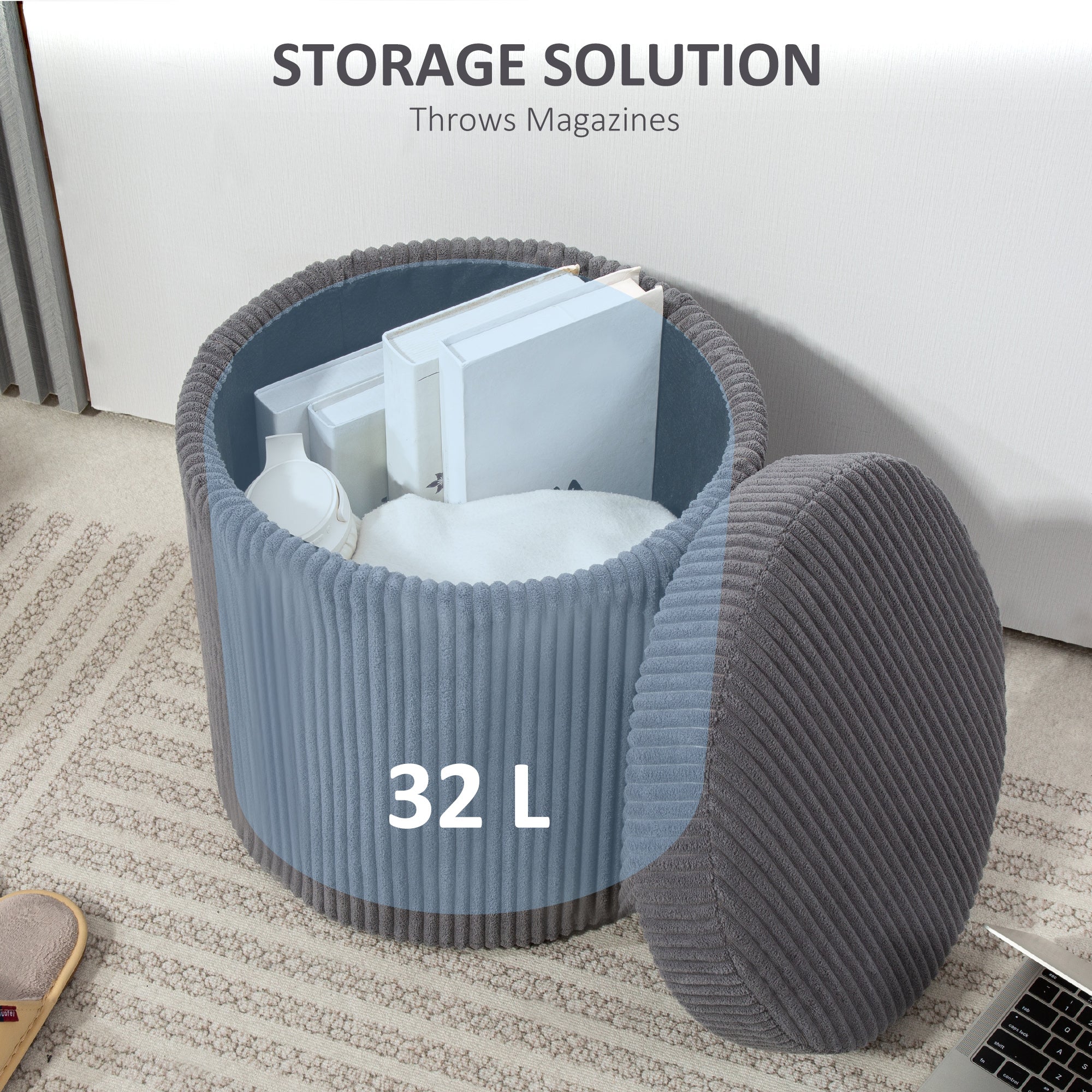 Blue and gray elegant corduroy storage ottoman with 32l capacity and removable lid perfect as a vanity stool
