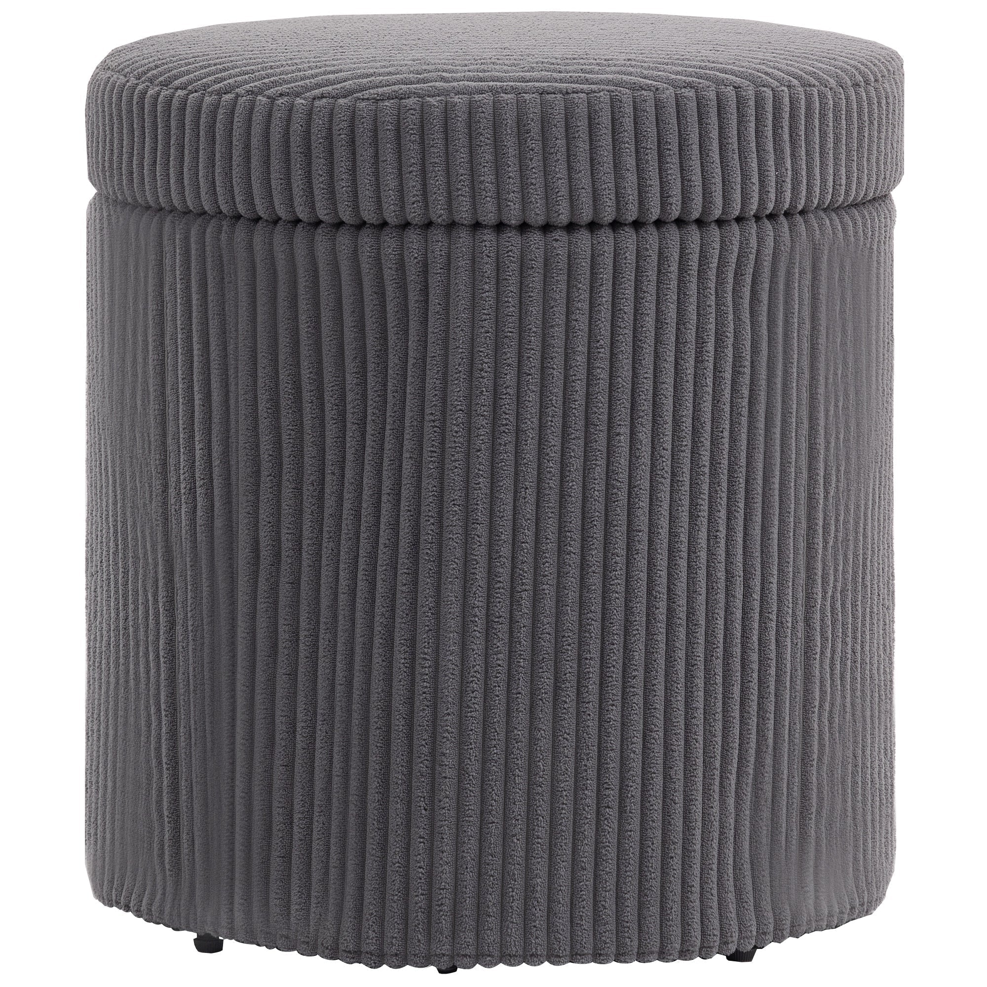 Gray corduroy round storage ottoman with matching lid and legs perfect as an elegant vanity stool or footstool