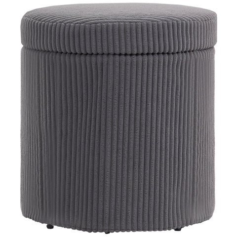 Gray corduroy round storage ottoman with matching lid and legs perfect as an elegant vanity stool or footstool