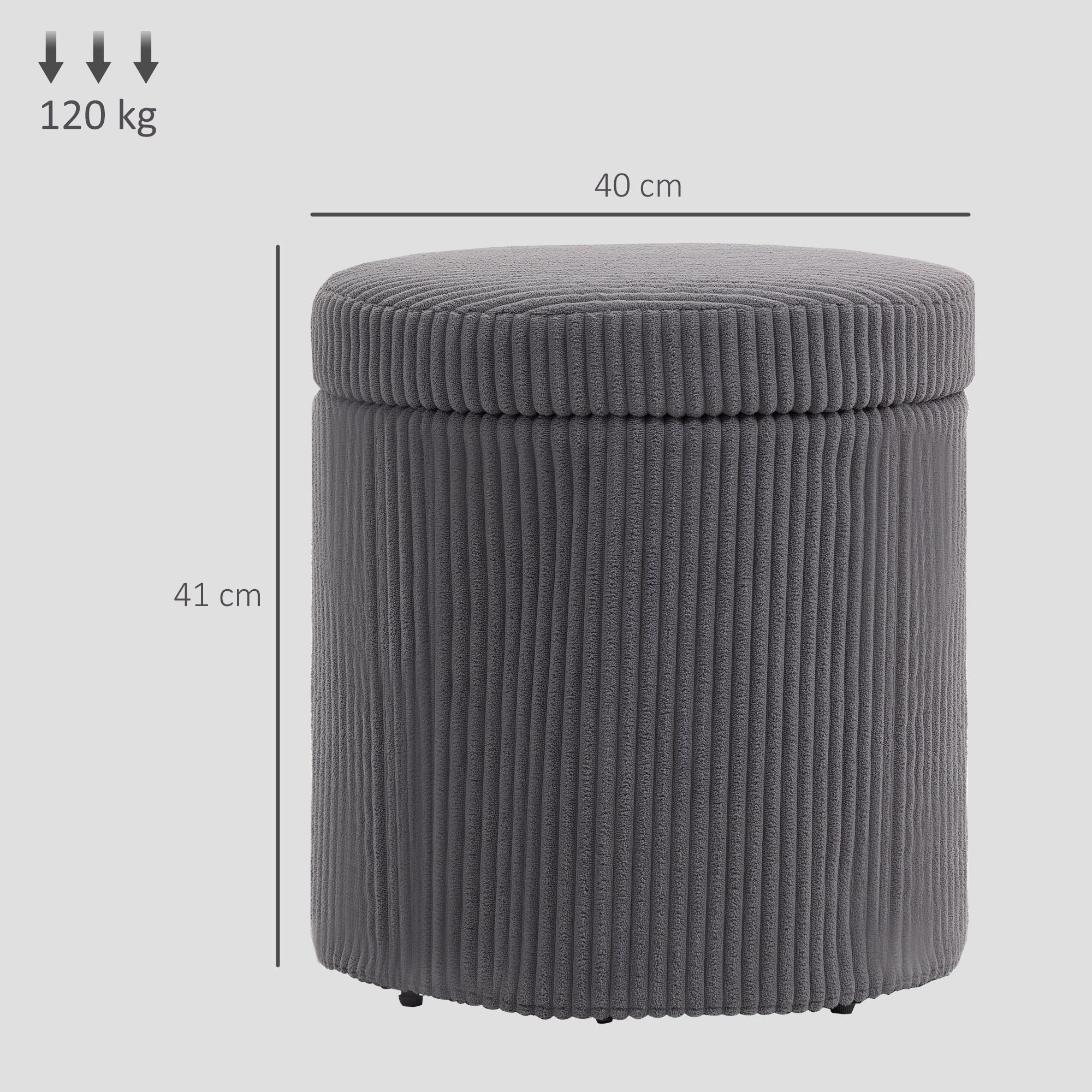 Gray corduroy storage ottoman with ribbed texture and rounded top perfect as an elegant corduroy vanity stool