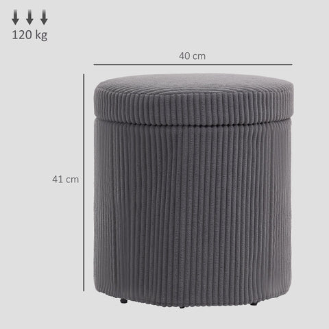 Gray corduroy storage ottoman with ribbed texture and rounded top perfect as an elegant corduroy vanity stool