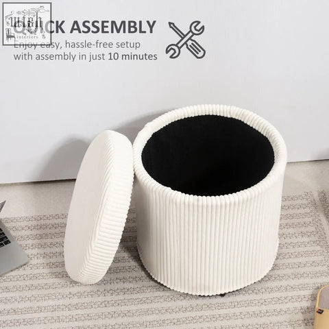 White ribbed corduroy storage ottoman with black interior and removable lid perfect as an elegant vanity stool