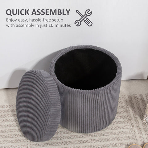 Gray corduroy storage ottoman with ribbed texture and black interior perfect as an elegant vanity stool