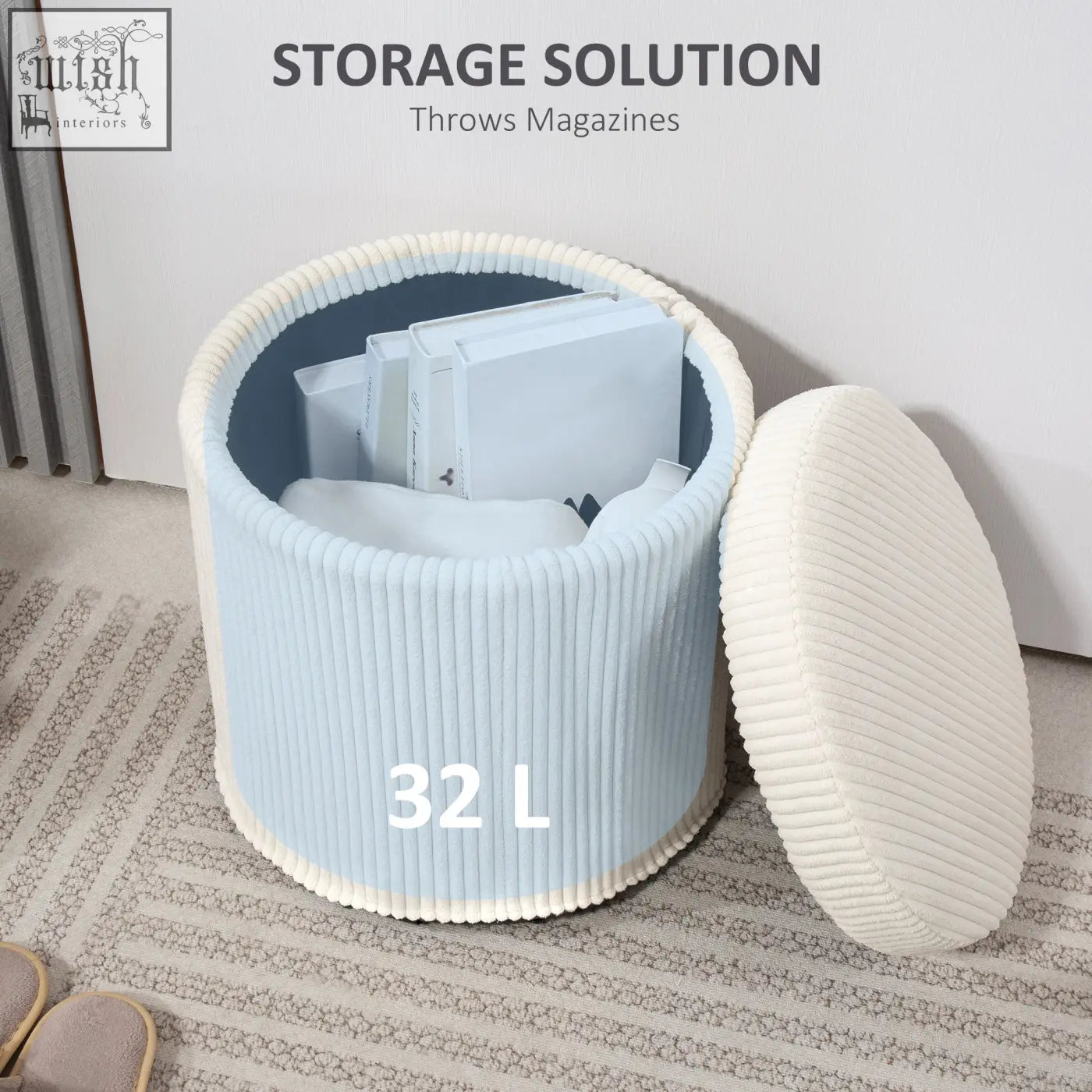 Light blue corduroy storage ottoman with cream lid designed as an elegant corduroy vanity stool for living room storage