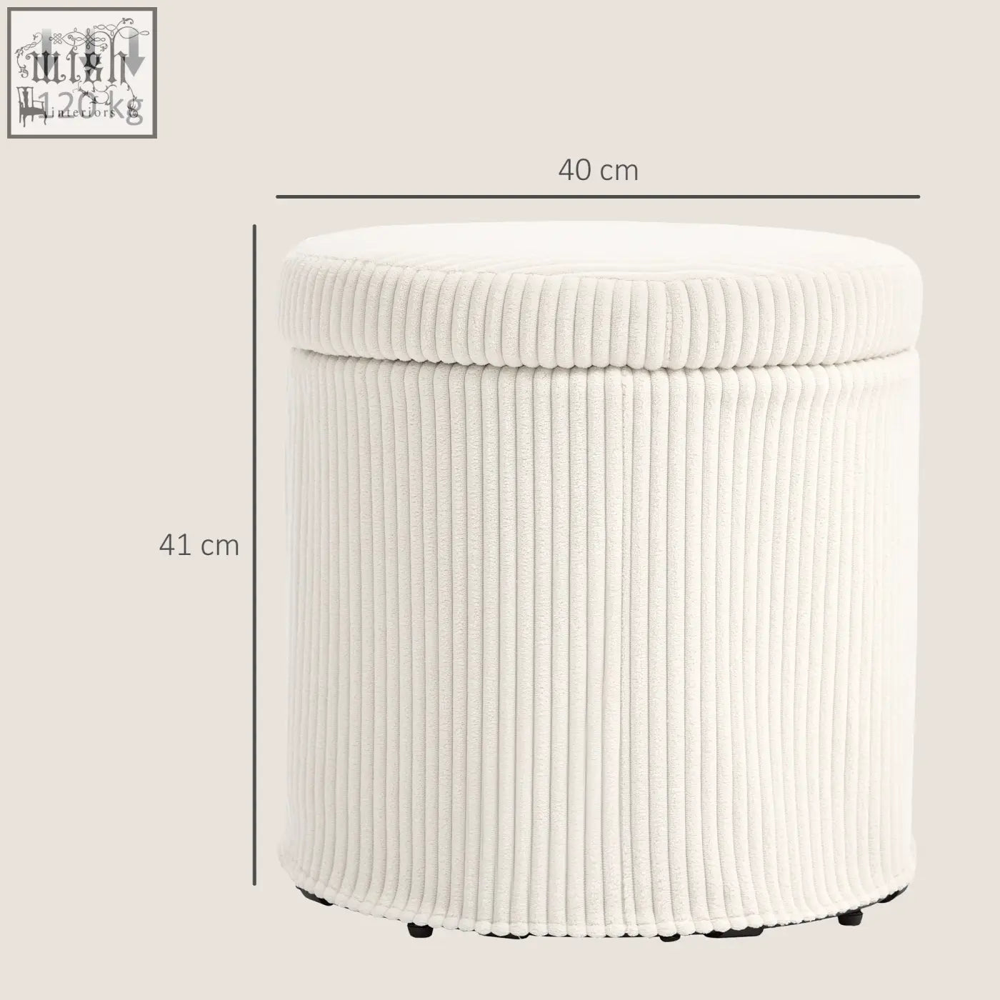 Cream-colored elegant corduroy storage ottoman with removable lid and black feet perfect as a vanity stool