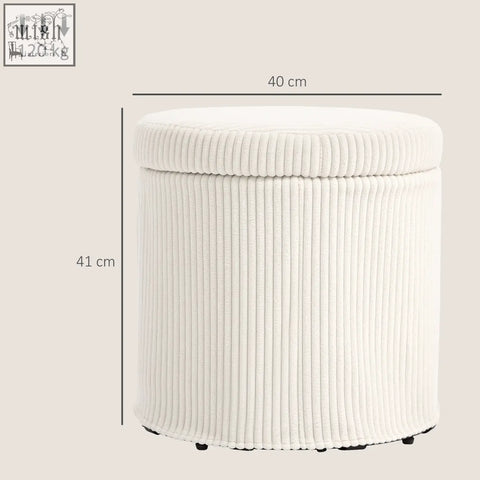 Cream-colored elegant corduroy storage ottoman with removable lid and black feet perfect as a vanity stool