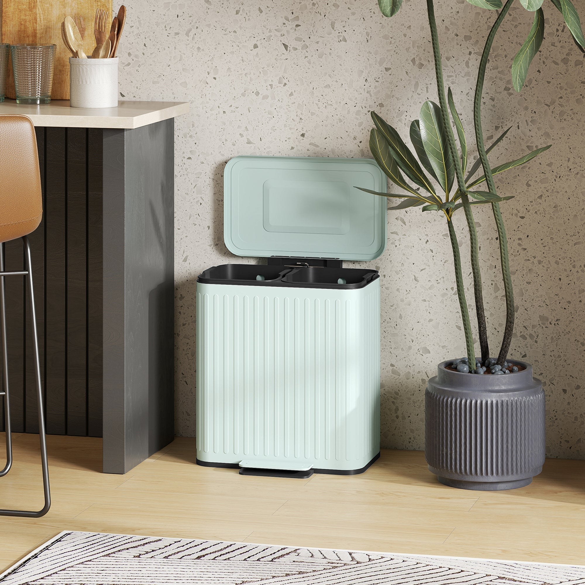 Mint green homcom 40l dual compartment foot pedal trash can with powder coated metal and soft close lid