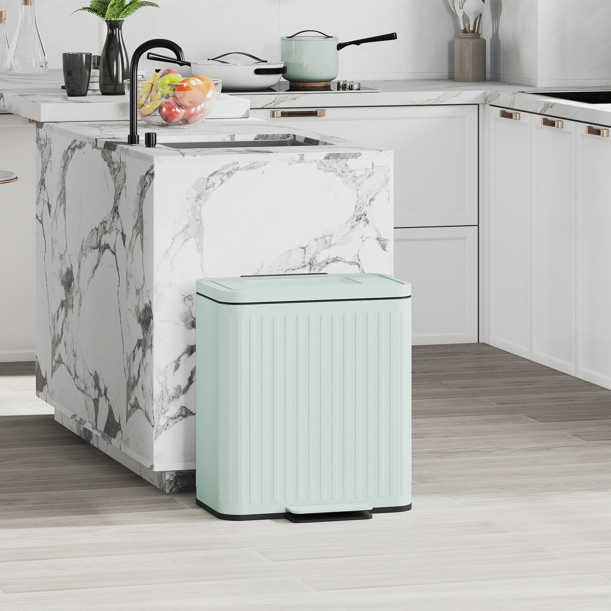 Homcom 40l mint green dual compartment rubbish bin with powder coated metal vertical ribbed texture and soft-close lid