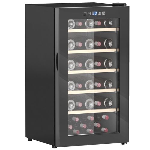Black glass-door freestanding wine cooler with wooden shelves and digital display in homcom 41 bottle fridge