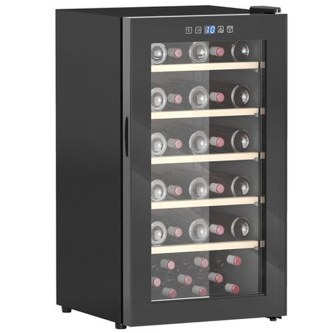 Black glass-door freestanding wine cooler with wooden shelves and digital display in homcom 41 bottle fridge