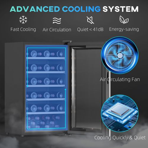 Black glass-door homcom 41 bottle wine cooler fridge with blue led lighting and internal shelves for bottles storage