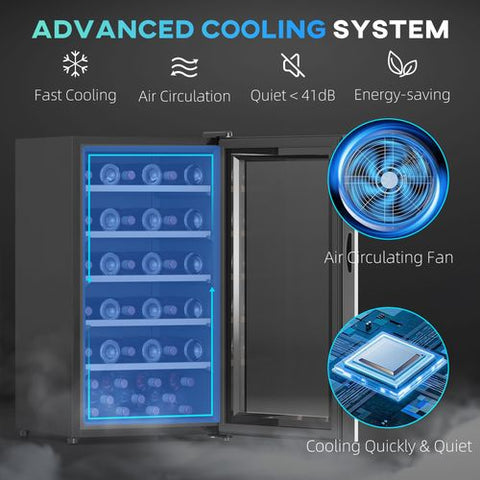 Black glass-door homcom 41 bottle wine cooler fridge with blue led lighting and internal shelves for bottles storage
