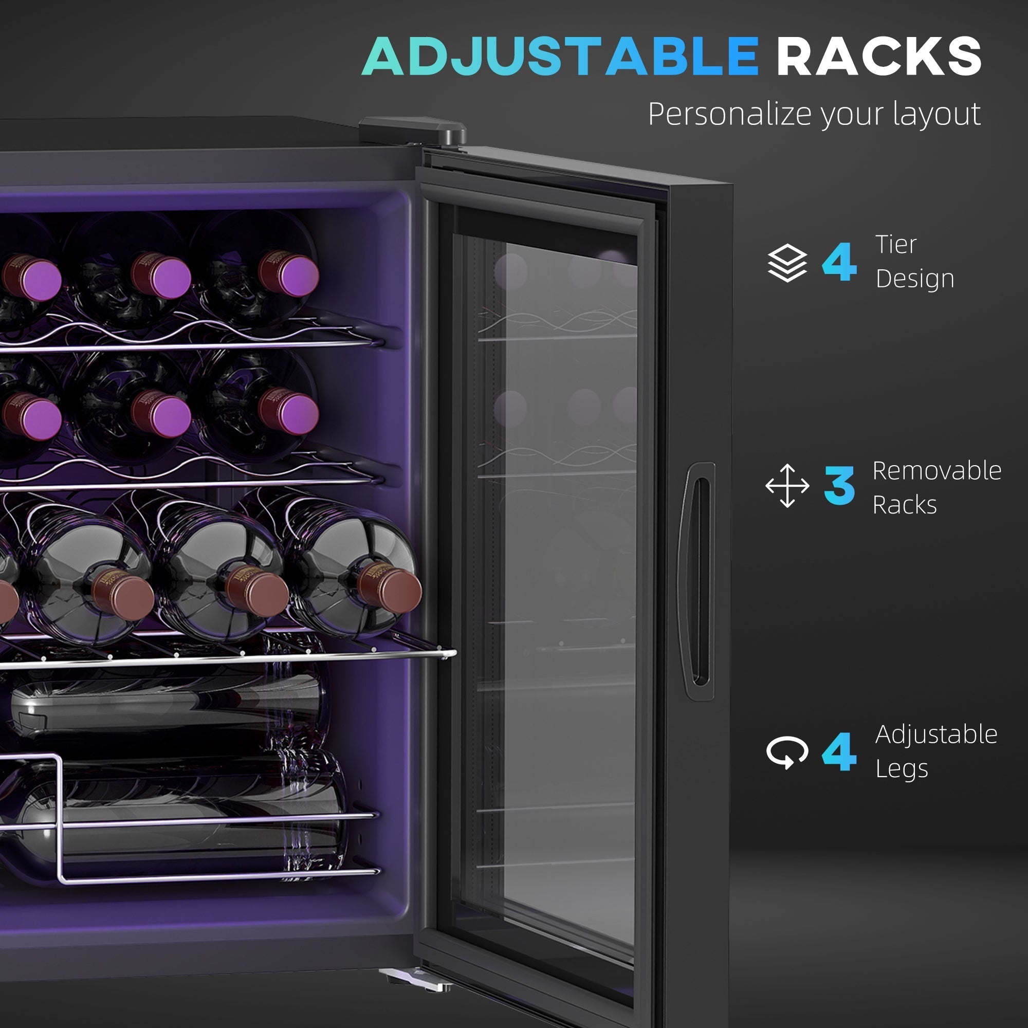 Black HOMCOM 42L wine cooler fridge with adjustable metal racks glass door and purple interior lighting