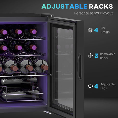 Black HOMCOM 42L wine cooler fridge with adjustable metal racks glass door and purple interior lighting