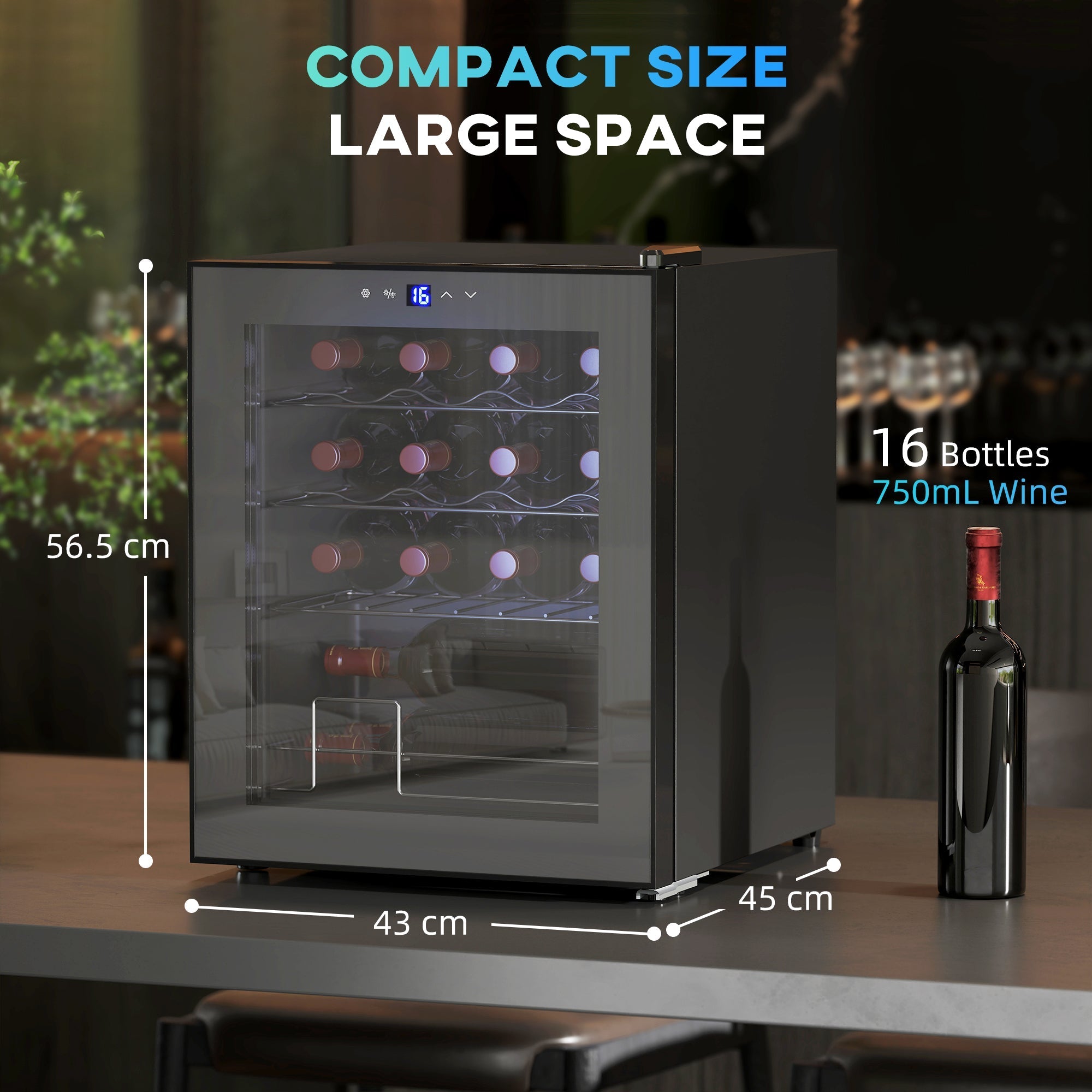 Black homcom 42l wine cooler fridge with glass door digital display holds 16 bottles of 750ml wine