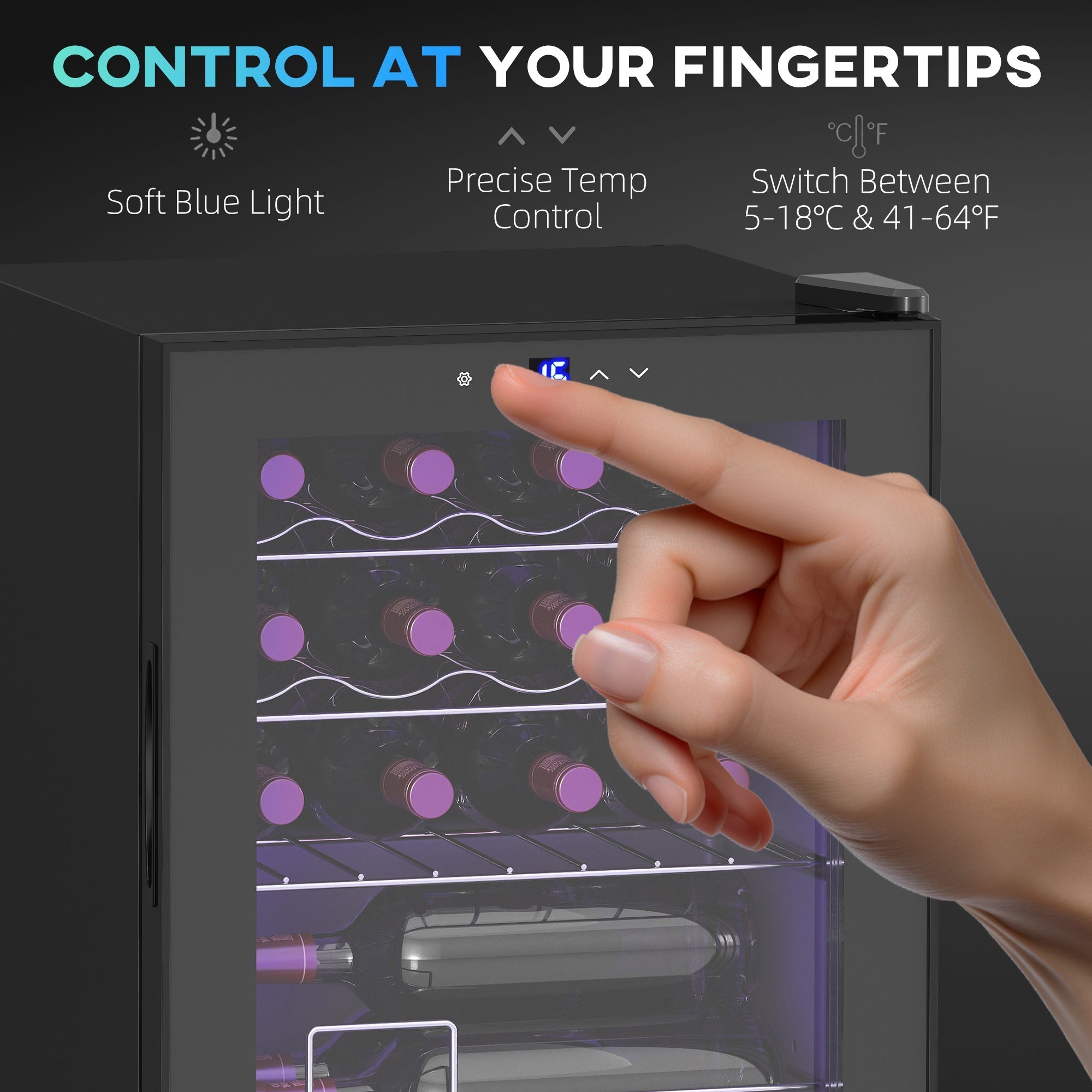 Black homcom 42l 16-bottle wine cooler fridge with glass door soft blue lighting and touch controls for temperature management