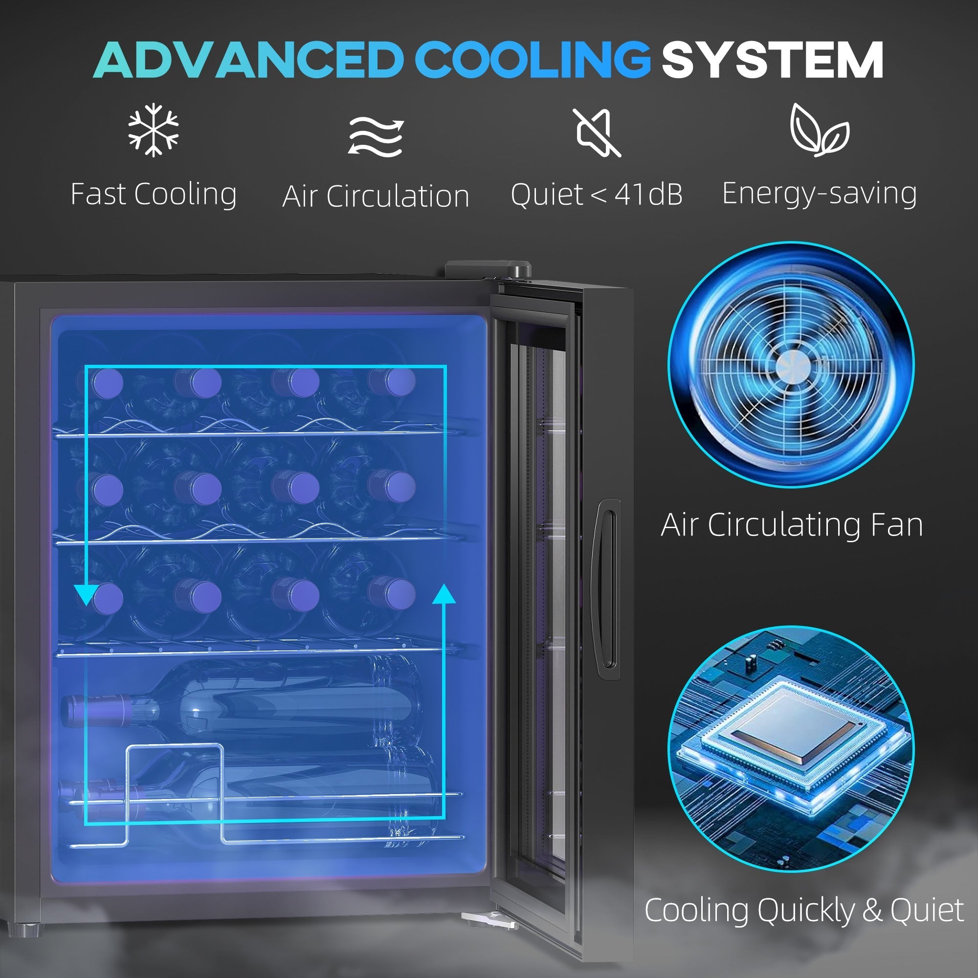 Black homcom 42l 16-bottle wine cooler fridge with glass door, blue interior lighting, and quiet air circulating fan