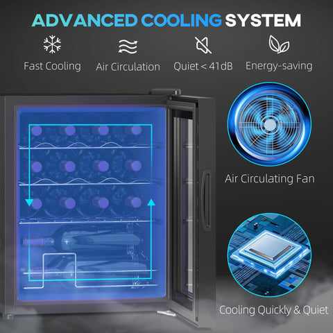 Black homcom 42l 16-bottle wine cooler fridge with glass door, blue interior lighting, and quiet air circulating fan
