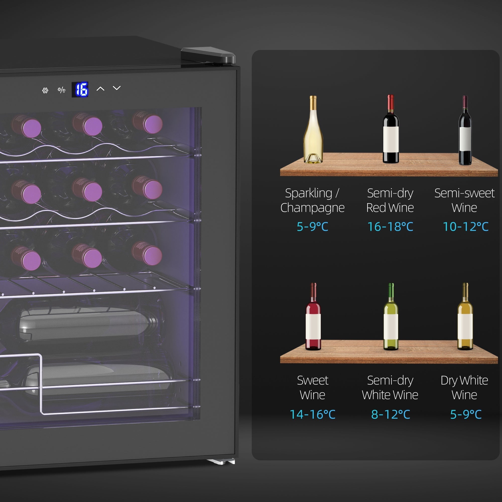 Black homcom 42l 16-bottle wine cooler fridge with glass door digital display shows 16°c adjustable cooler fridge