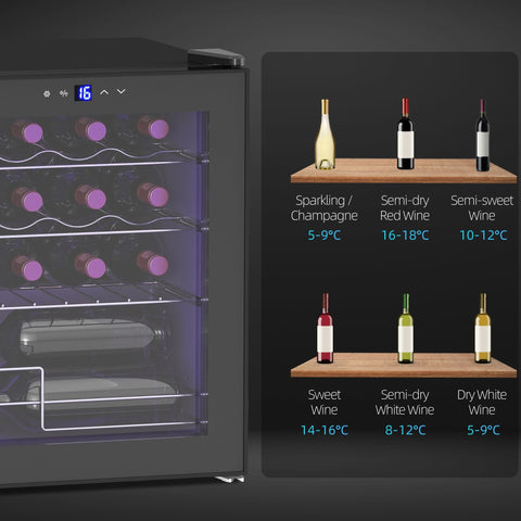 Black homcom 42l 16-bottle wine cooler fridge with glass door digital display shows 16°c adjustable cooler fridge