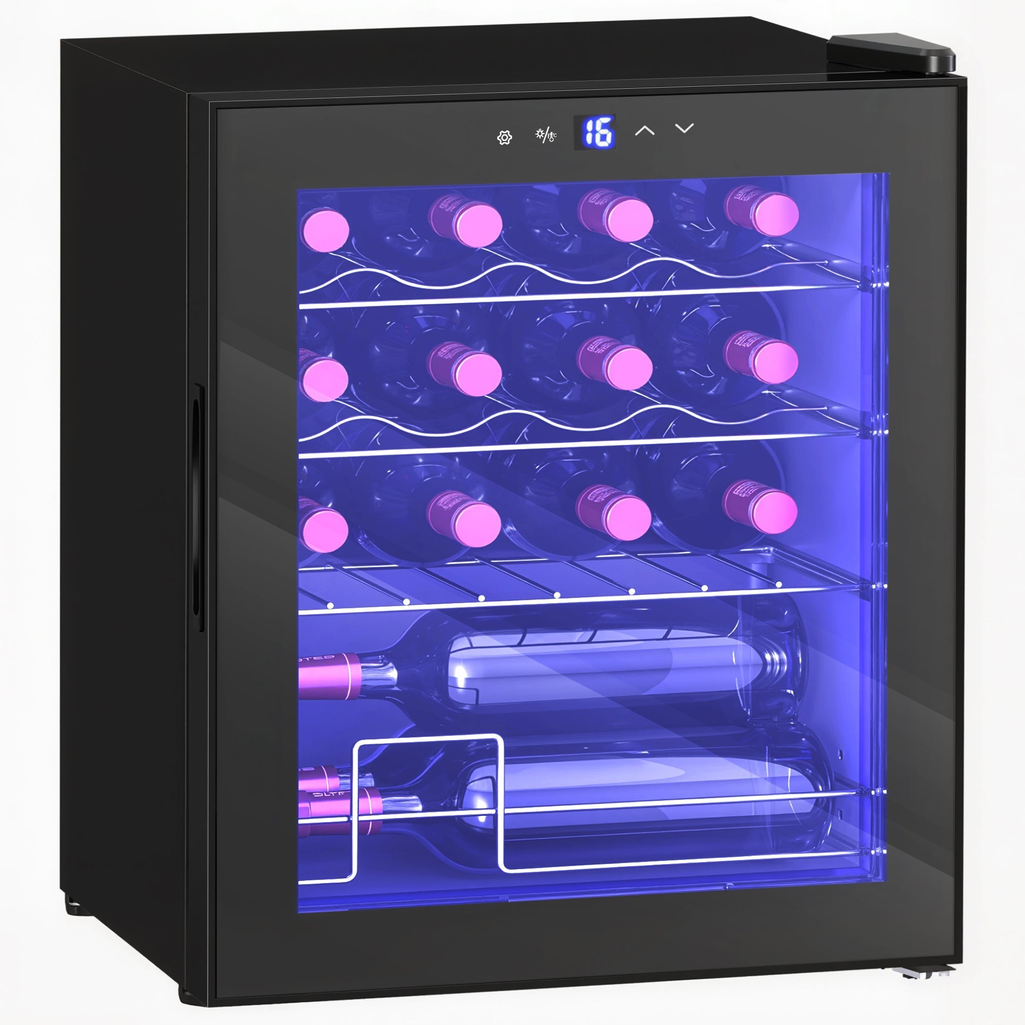 Black HOMCOM 42L wine cooler fridge with glass door, blue interior lighting, and wire racks holding 16 bottles