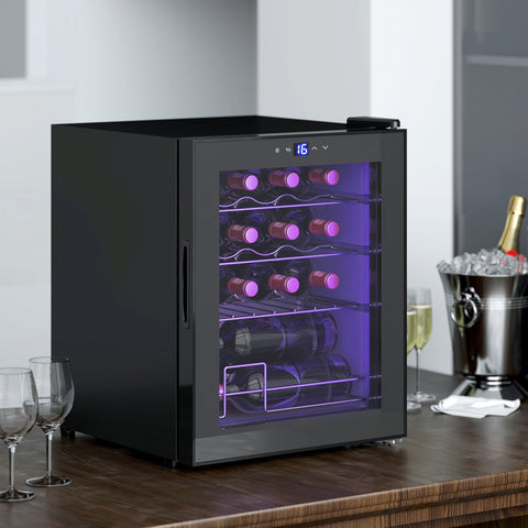 Black homcom 42l wine cooler fridge with glass door, purple interior lighting, and digital display set at 16 degrees