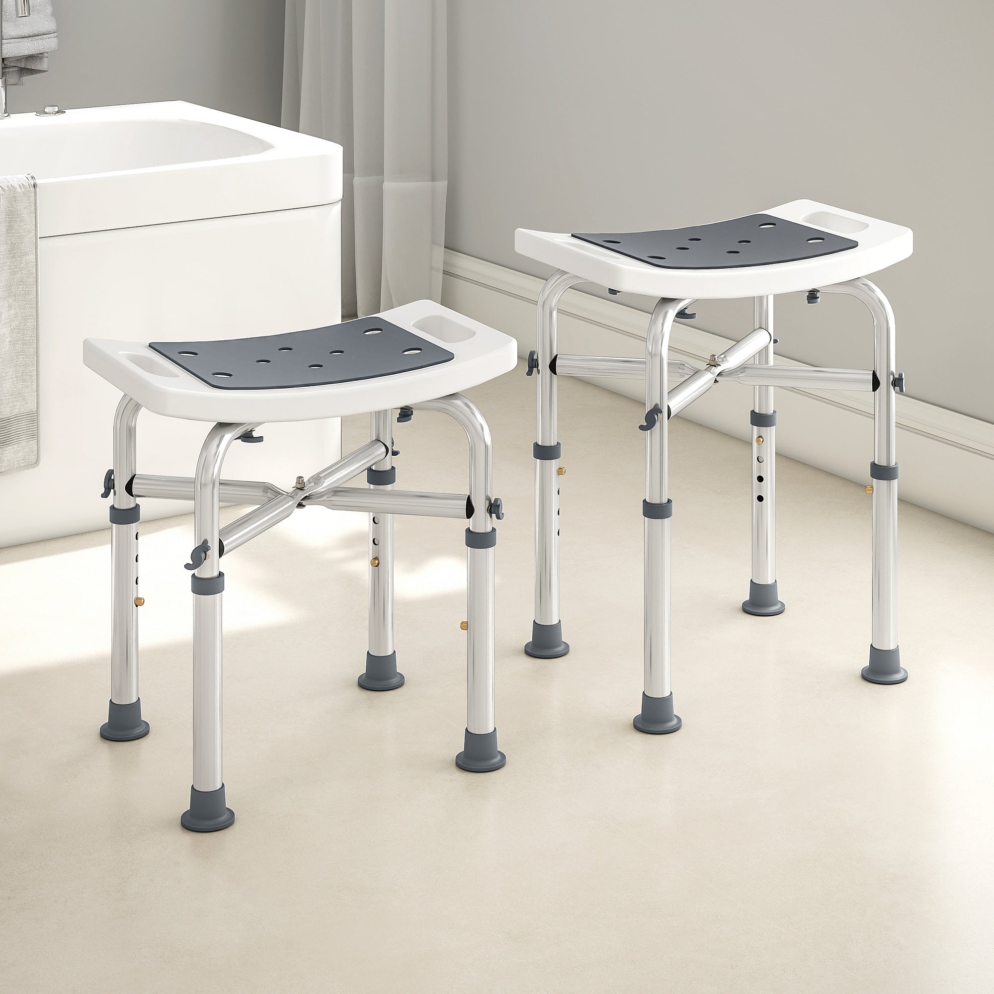Adjustable height homcom shower chair with white plastic seat gray pad and silver aluminium frame for bathroom use