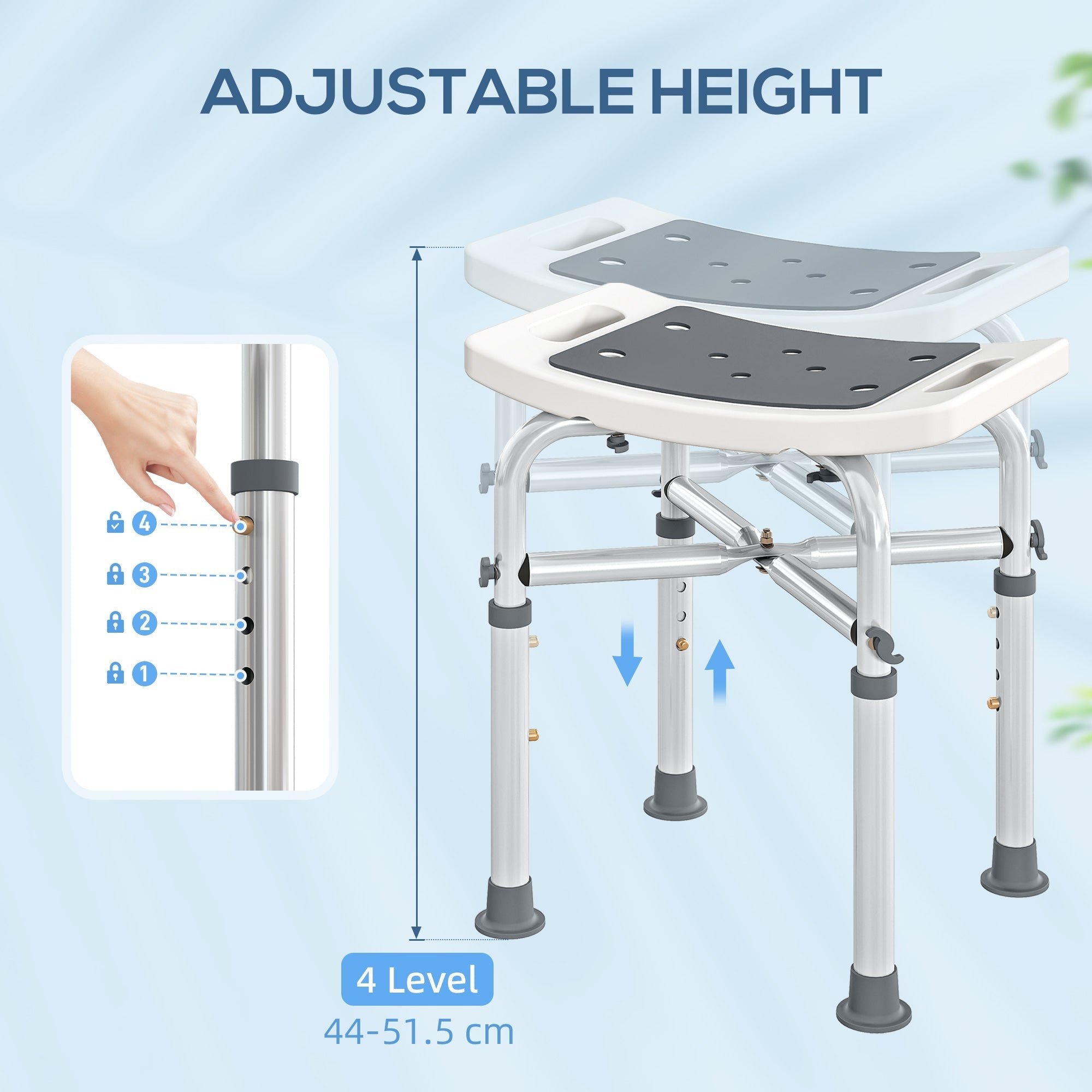 Adjustable height shower chair with grey non slip seat and aluminium frame featuring drainage holes and side handles
