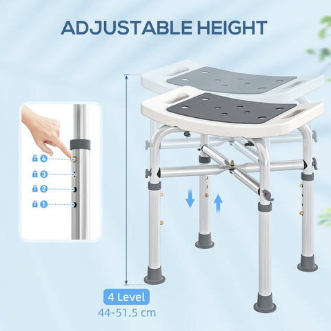 Adjustable height shower chair with grey non slip seat and aluminium frame featuring drainage holes and side handles