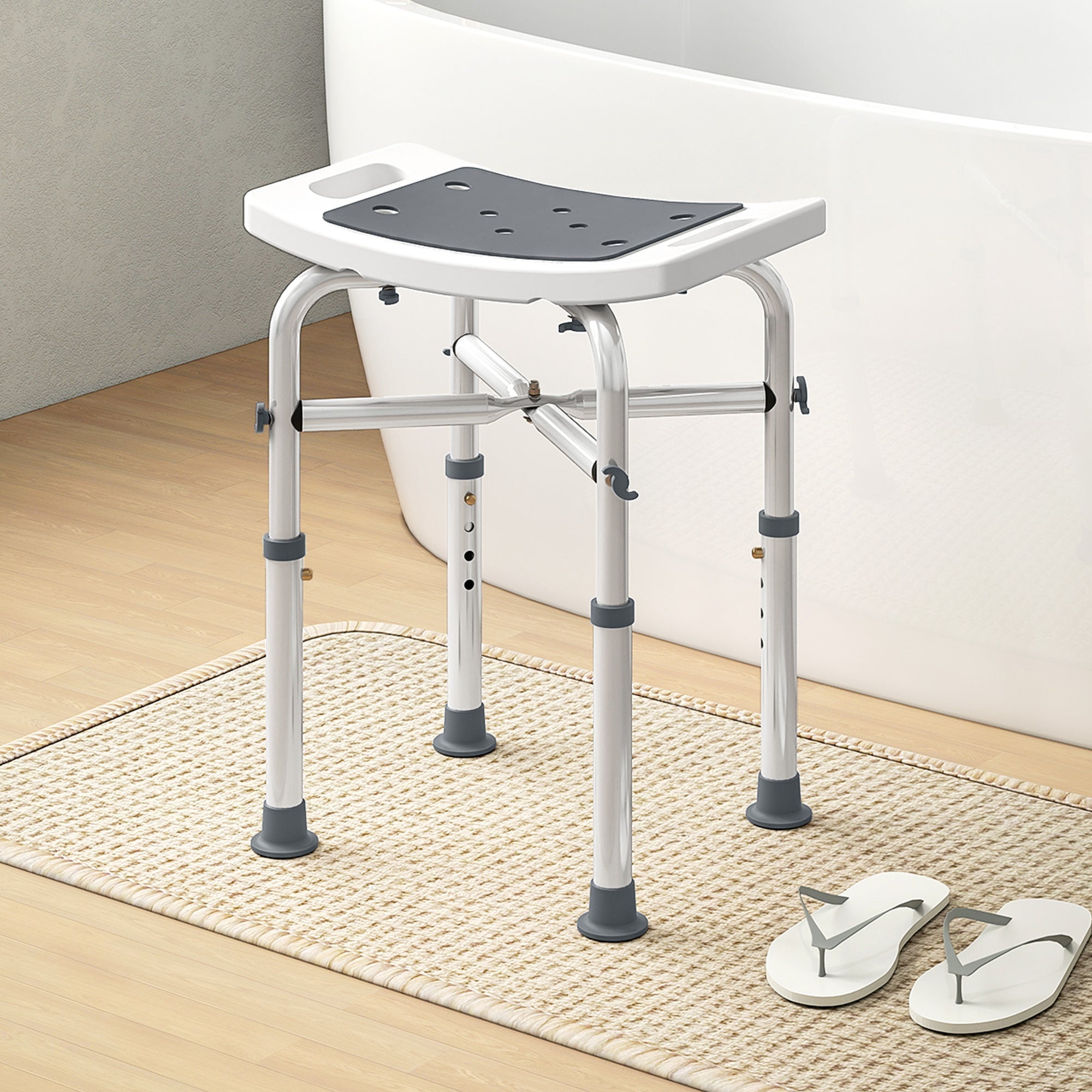 Adjustable height shower chair with white plastic seat gray rubberized grips and aluminium frame by homcom