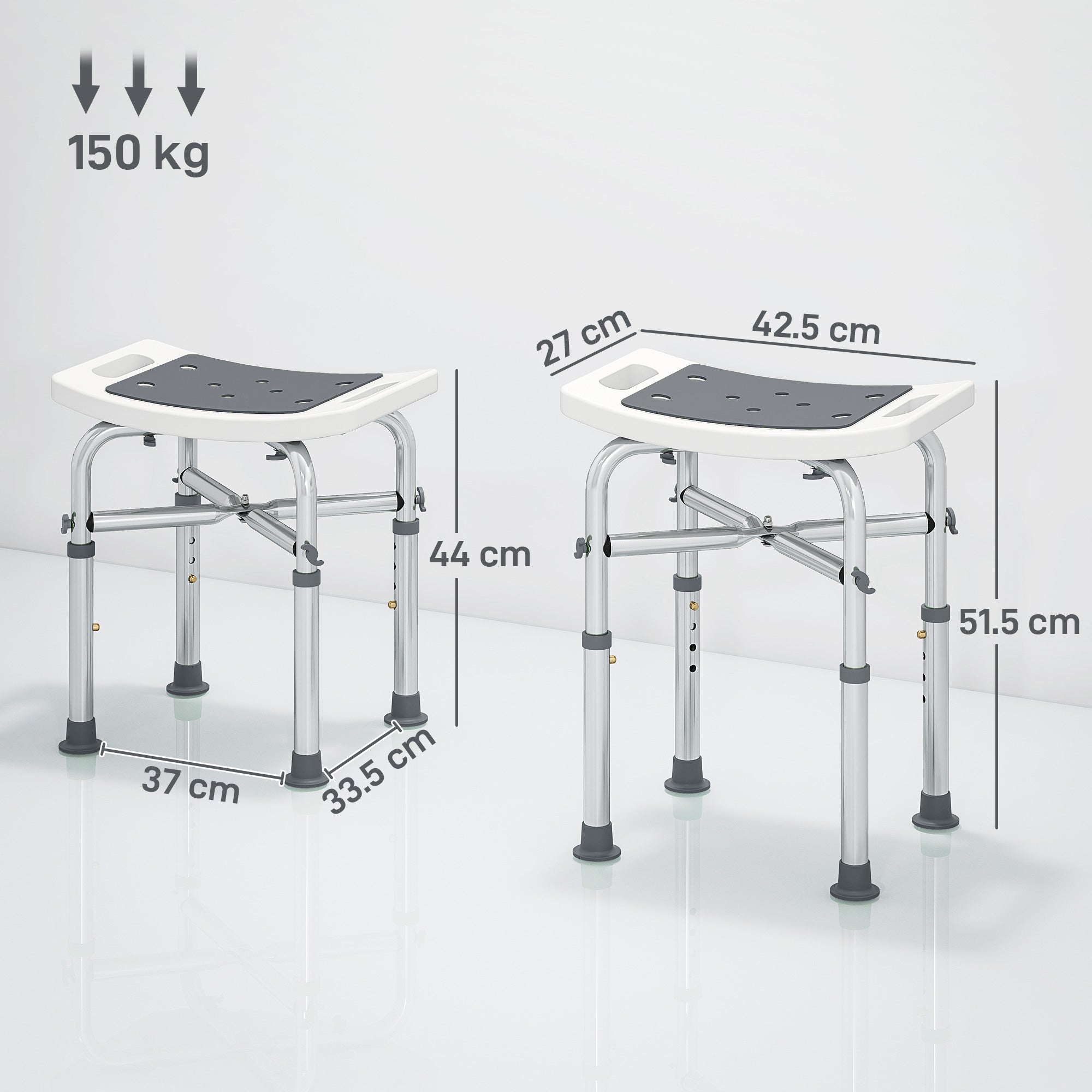 Adjustable height shower chair with white plastic seat gray non slip pad and silver aluminium frame for bathroom use