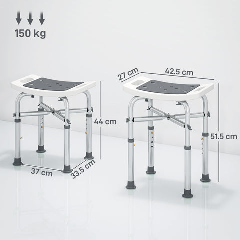 Adjustable height shower chair with white plastic seat gray non slip pad and silver aluminium frame for bathroom use