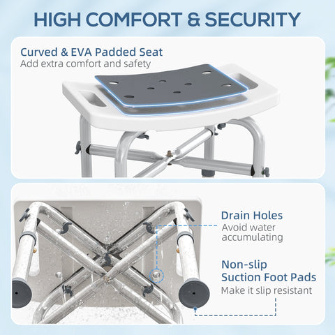 Homcom grey shower chair with white curved aluminium frame and gray eva padded seat for bath or shower use