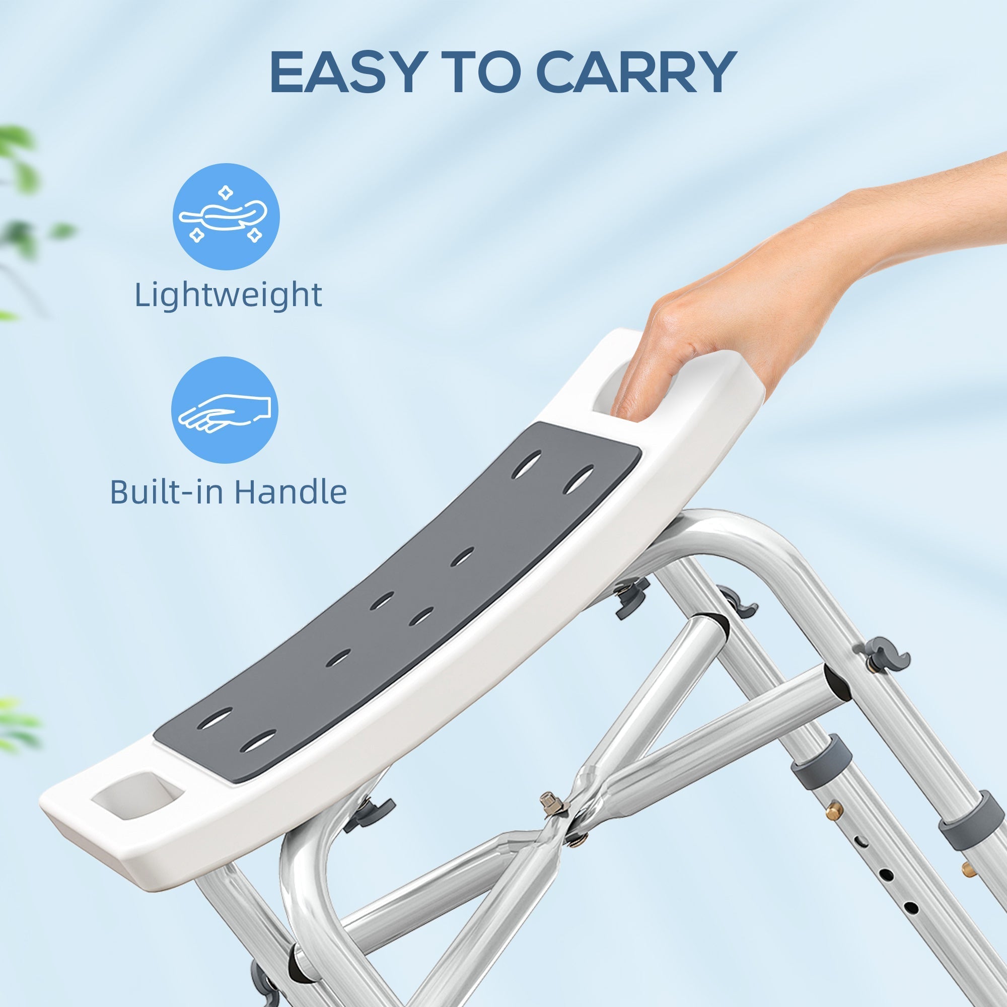 Grey and white lightweight folding shower chair with aluminium frame and built-in handle for bath use