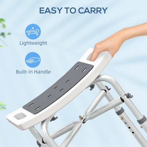 Grey and white lightweight folding shower chair with aluminium frame and built-in handle for bath use