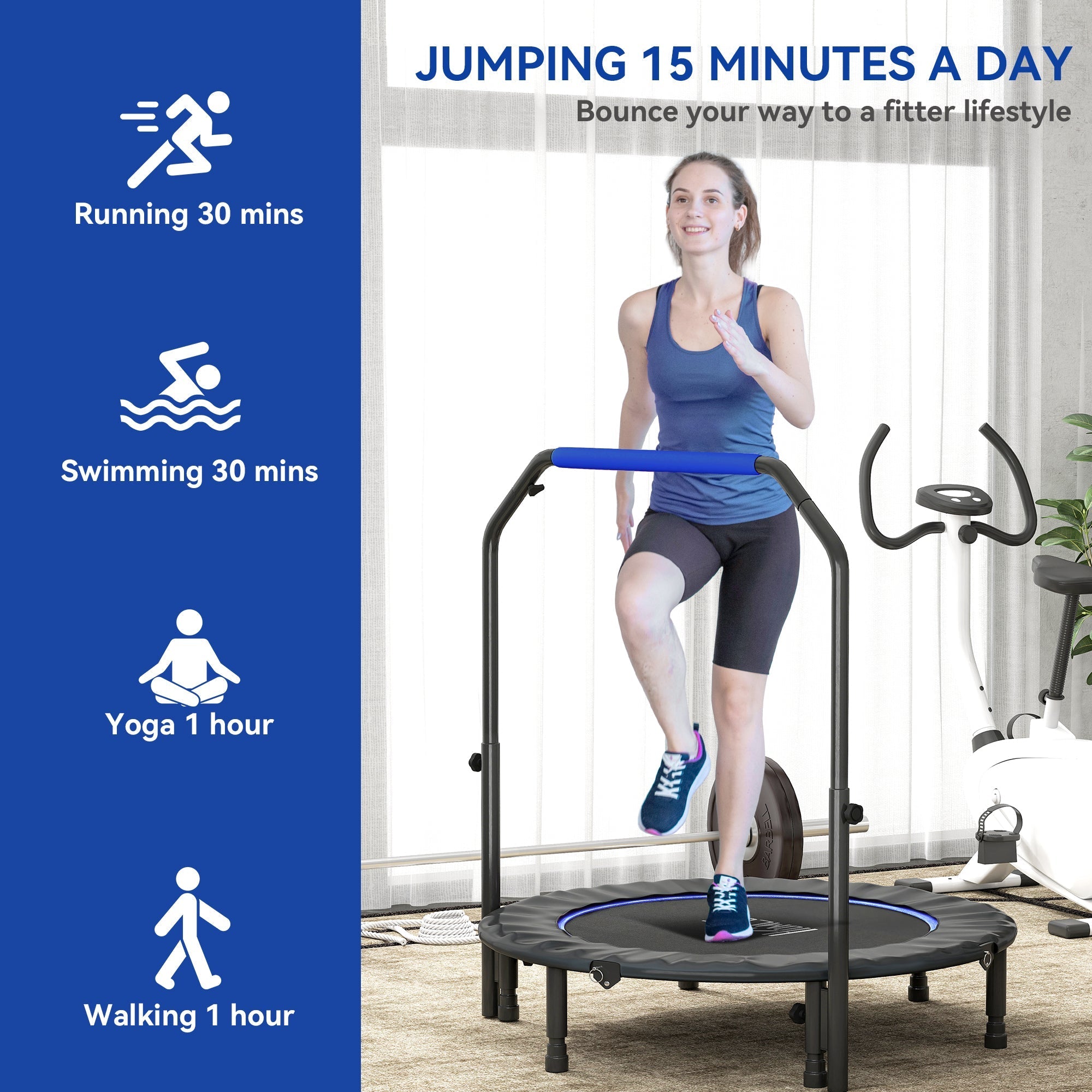 Black and blue HOMCOM 45 inch foldable fitness trampoline with steel frame and adjustable foam handlebar