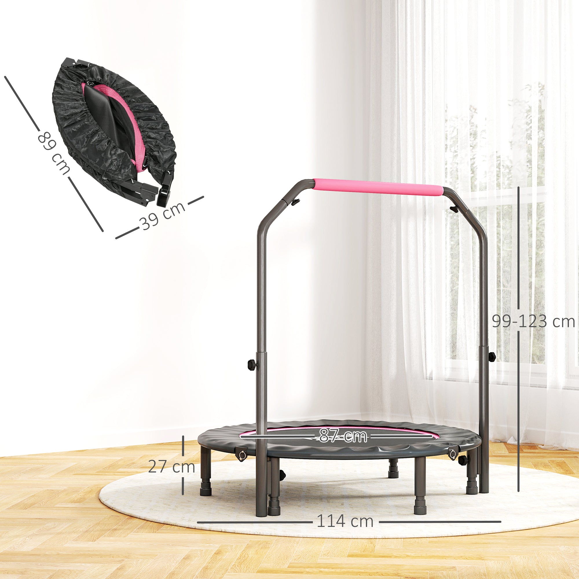 Black and pink homcom 45 inch foldable fitness trampoline with steel frame and adjustable foam handlebar