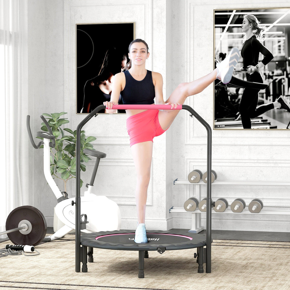 Black and pink homcom 45 inch foldable mini fitness trampoline with steel frame six legs and adjustable handlebar