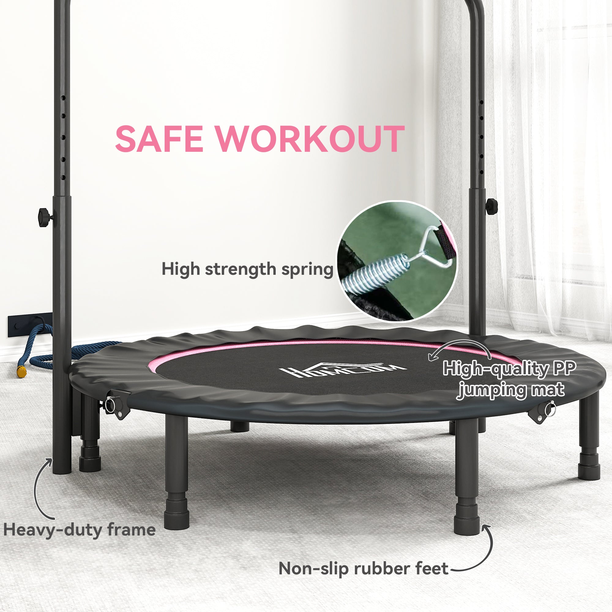Black and pink homcom 45 inch foldable fitness trampoline with adjustable handlebar and sturdy steel frame