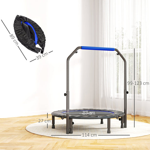 Homcom 45 inch foldable mini fitness trampoline in blue with steel frame, adjustable handlebar, and six legs for support
