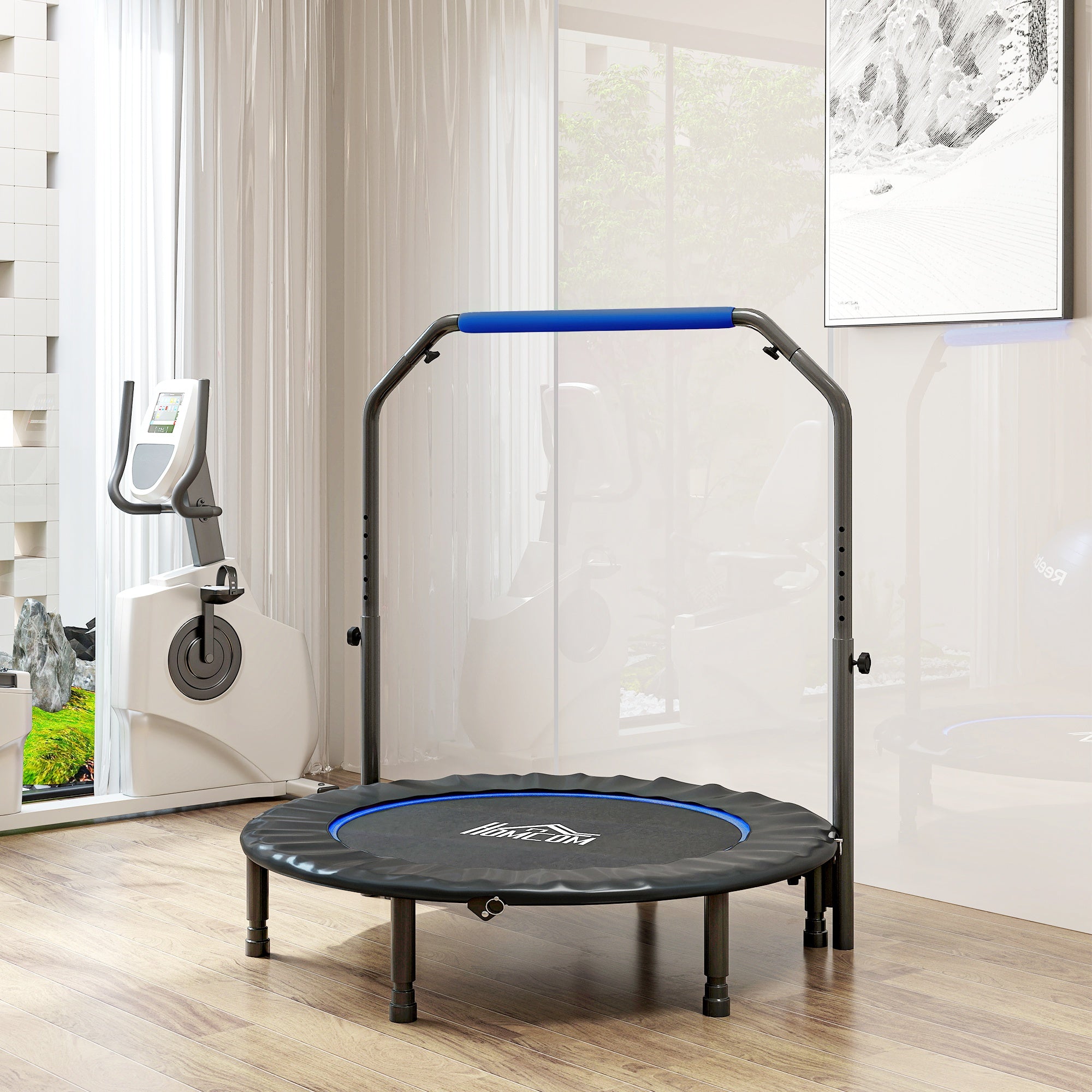 Blue homcom 45 foldable mini fitness trampoline with steel frame and adjustable foam handlebar for home workouts