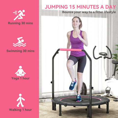Black and pink homcom 45 inch foldable fitness trampoline with steel frame and adjustable foam handlebar