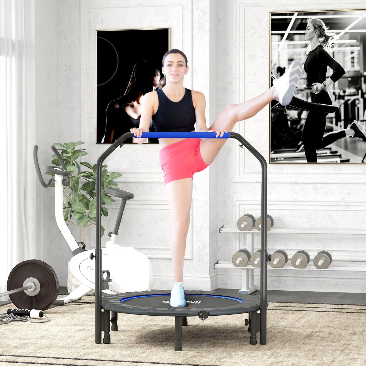 Black and blue homcom 45 inch fitness trampoline with steel frame and adjustable foam handlebar for easy workouts